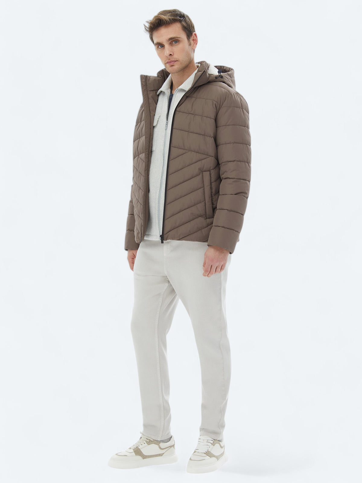Bej Regular Fit Kapüşonlu Casual Dokuma Mont