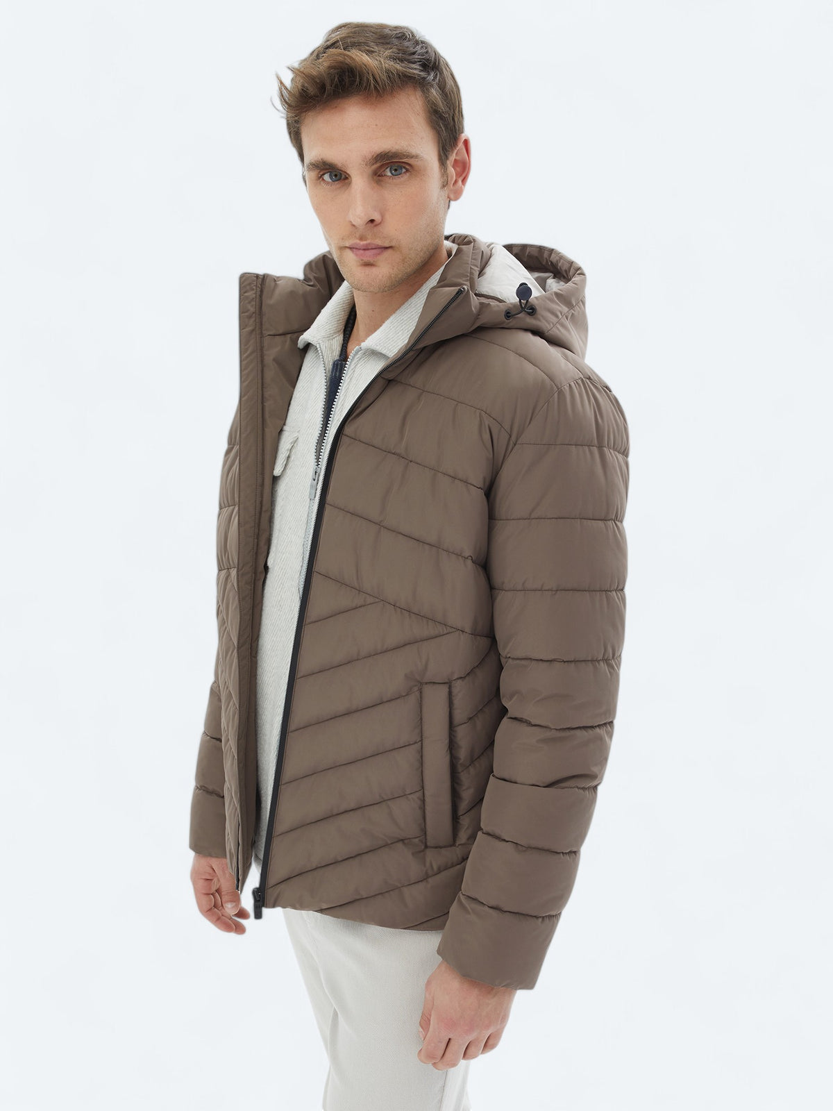 Bej Regular Fit Kapüşonlu Casual Dokuma Mont