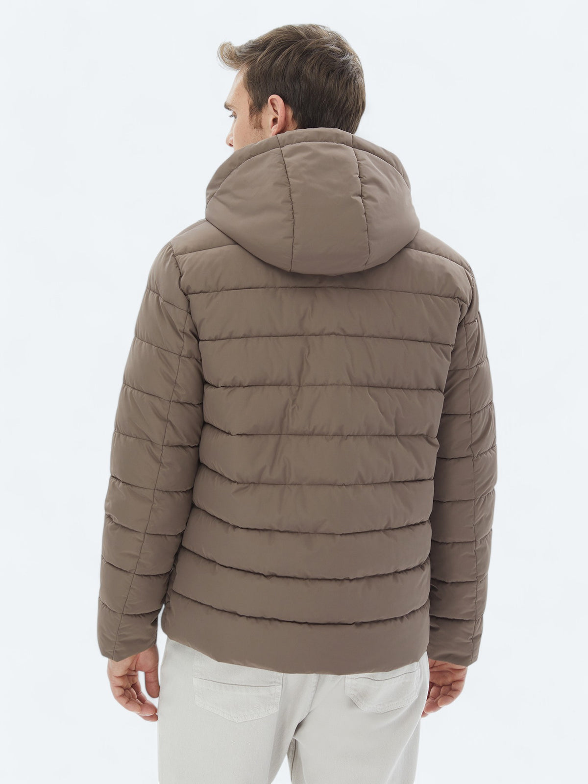 Bej Regular Fit Kapüşonlu Casual Dokuma Mont
