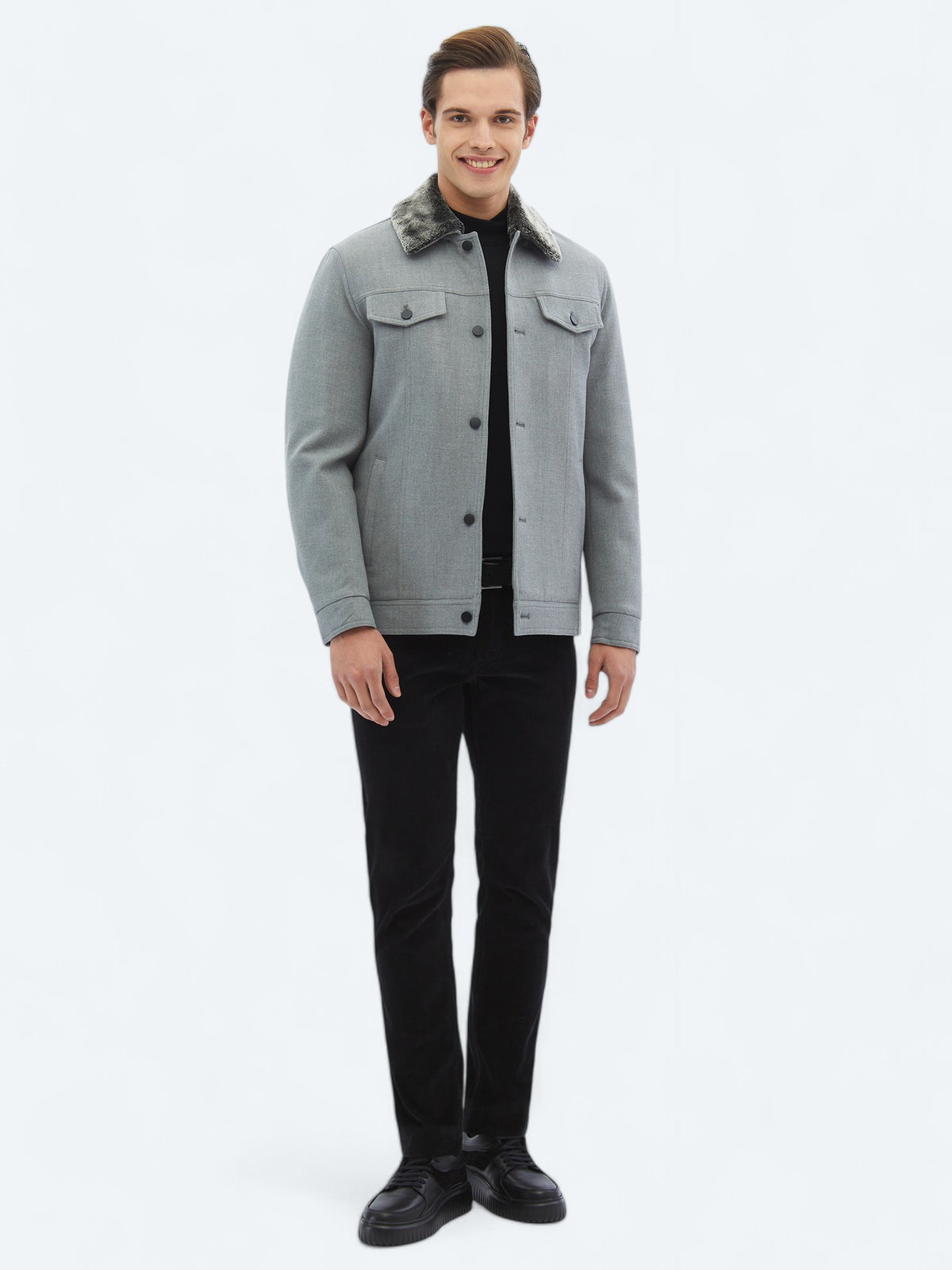 Gri Regular Fit Casual Dokuma Mont