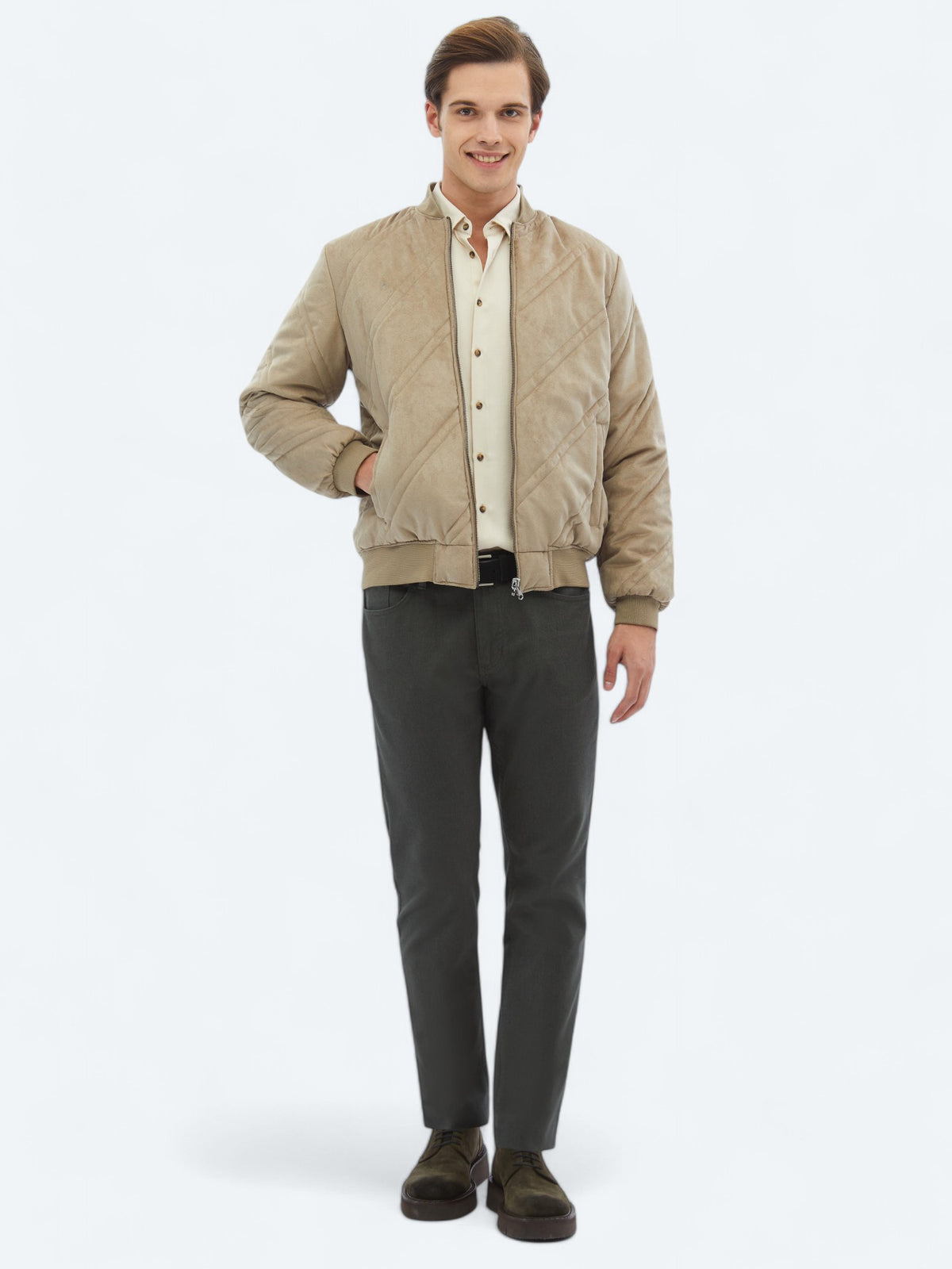 Bej Regular Fit Dik Yaka Casual Dokuma Mont