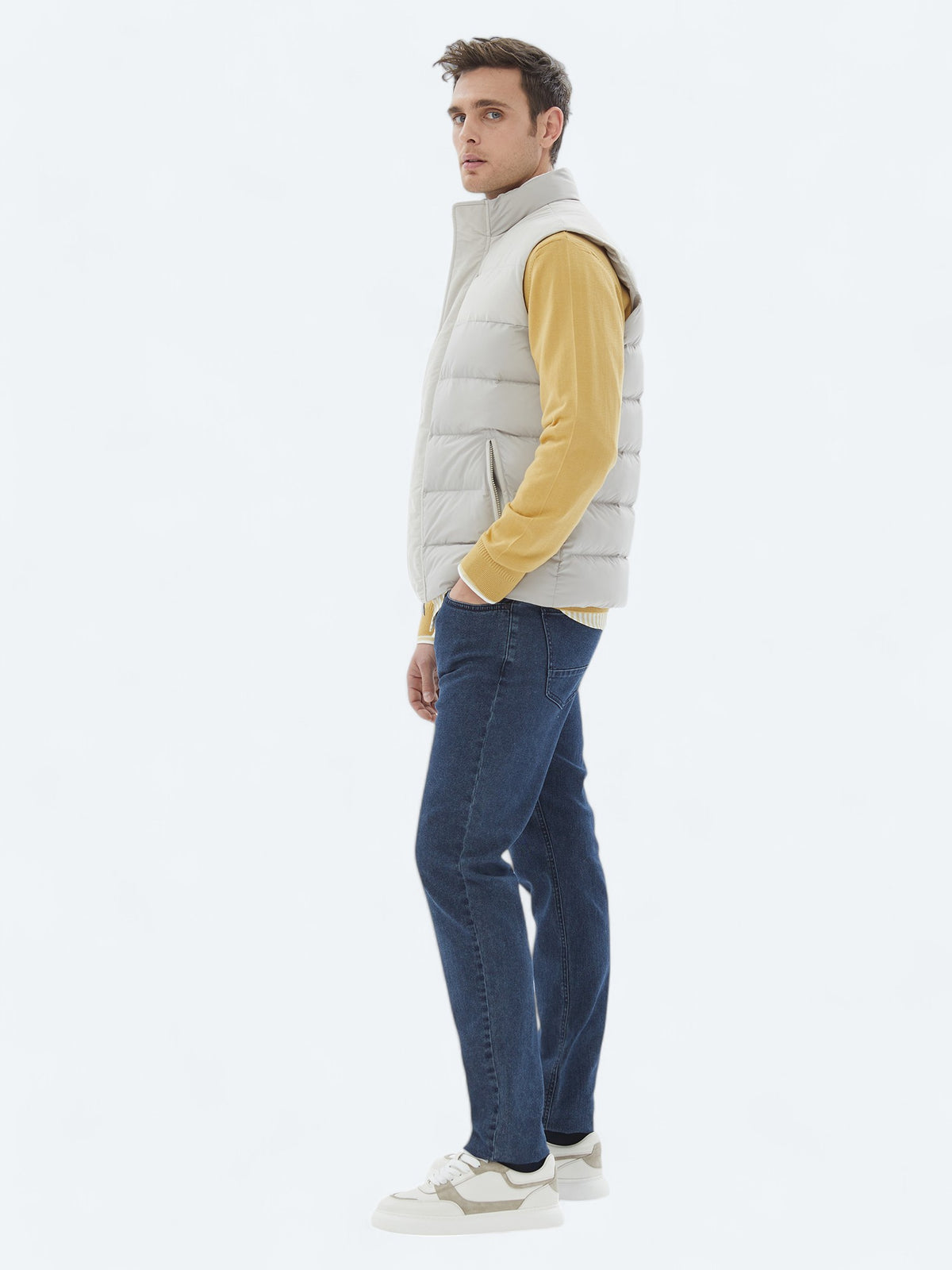 Bej Regular Fit Dik Yaka Casual Dokuma Spor Yelek