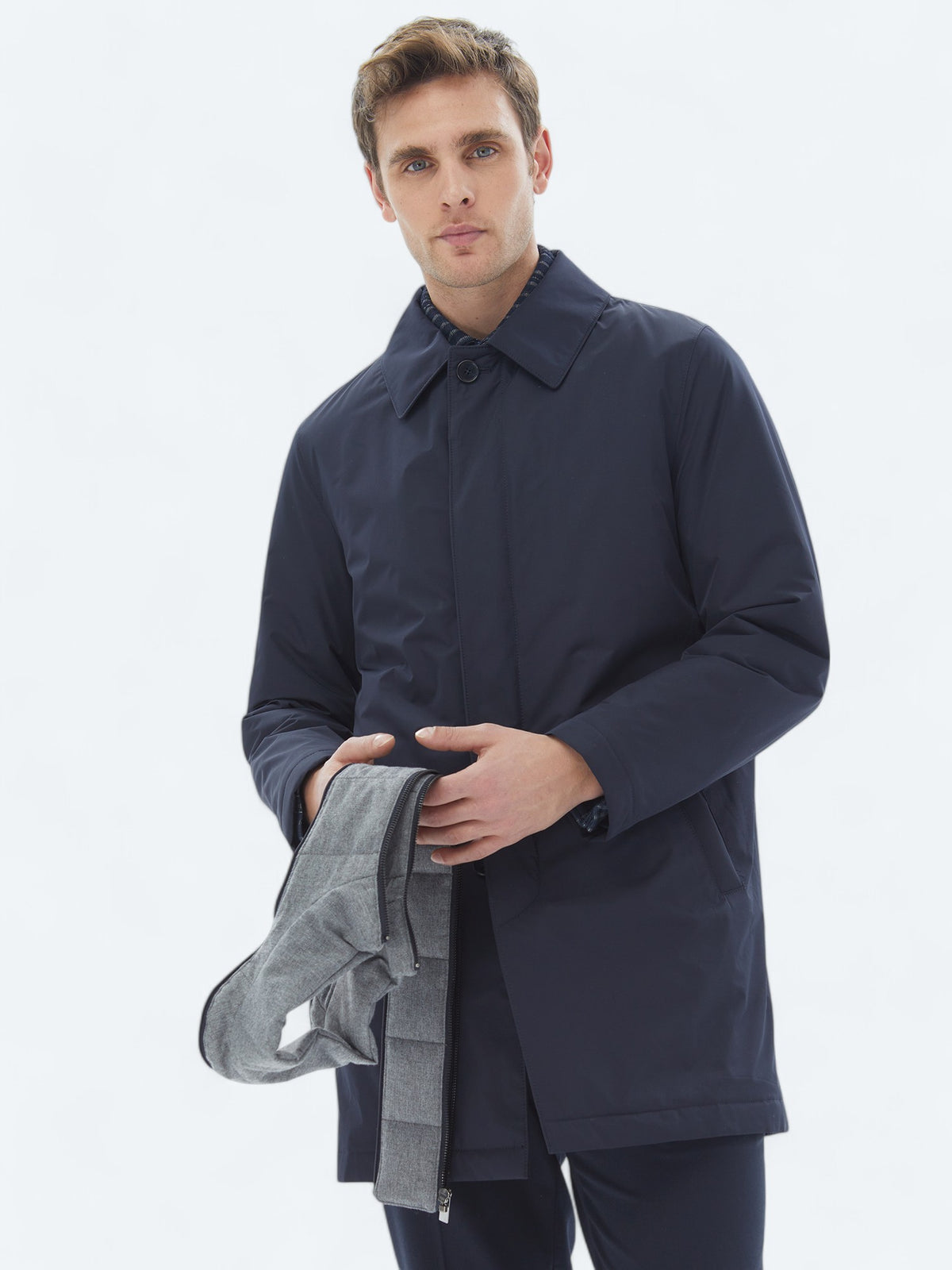 Lacivert Regular Fit Bebe Yaka Casual Dokuma Pardösü