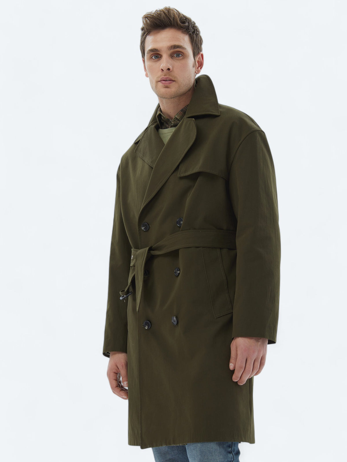 Haki Oversize Fit Kruvaze Yaka Casual Dokuma Pardösü