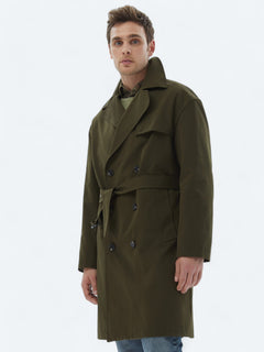 Haki Oversize Fit Kruvaze Yaka Casual Dokuma Pardösü