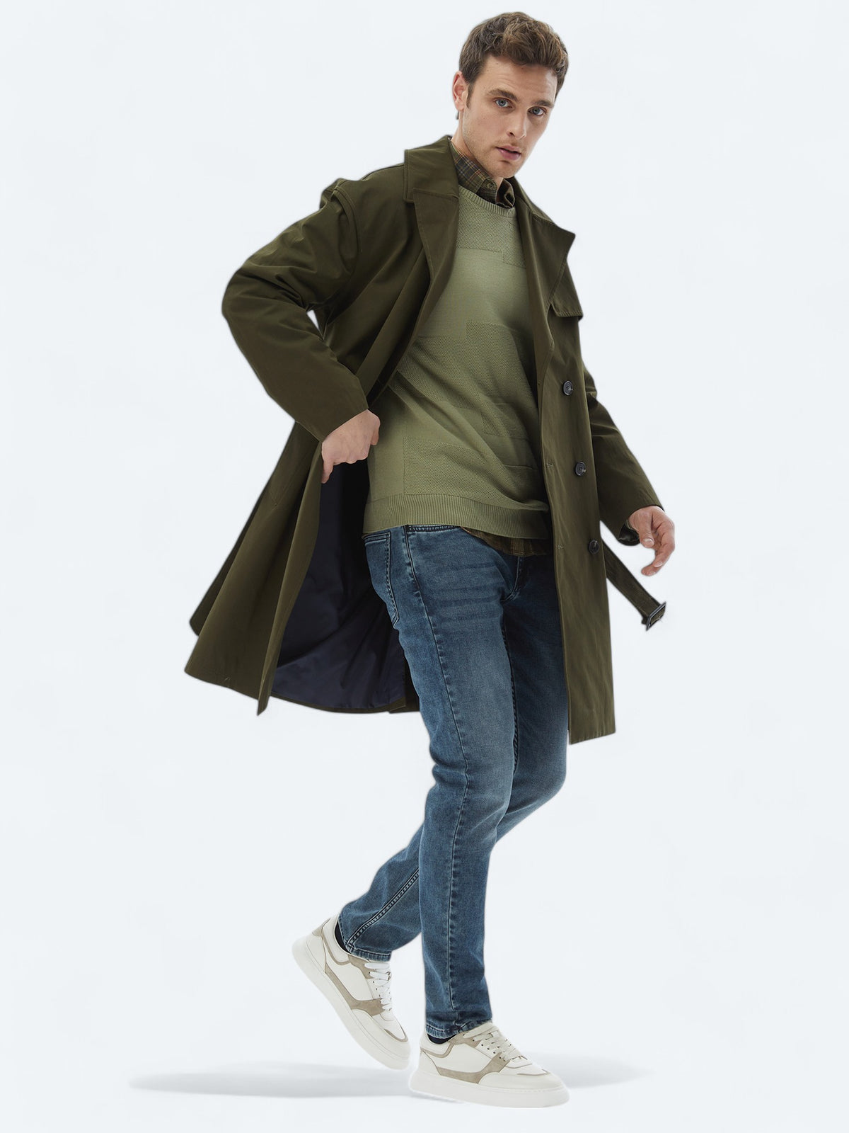 Haki Oversize Fit Kruvaze Yaka Casual Dokuma Pardösü