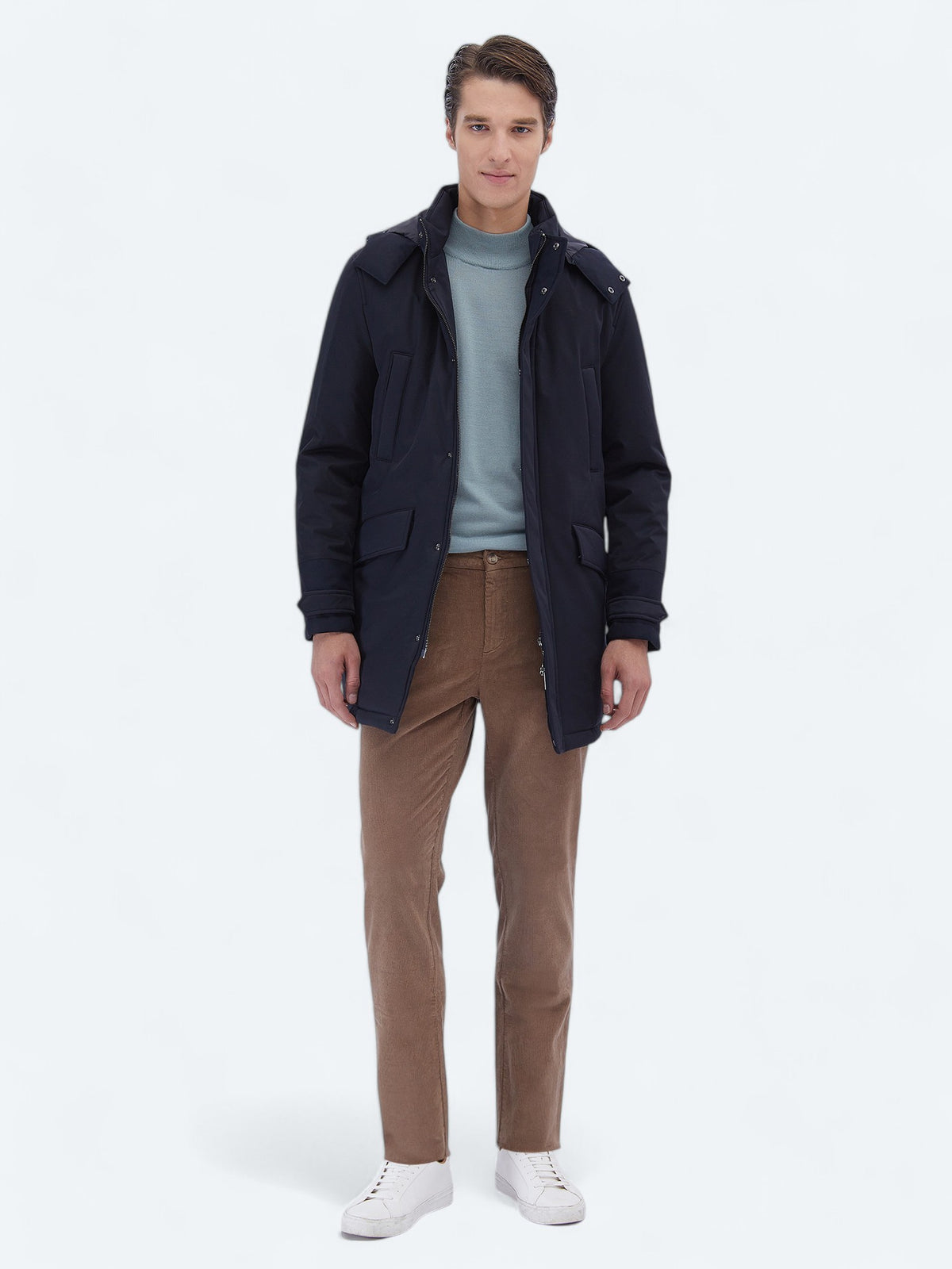 Lacivert Regular Fit Kapüşonlu Casual Dokuma Kaban