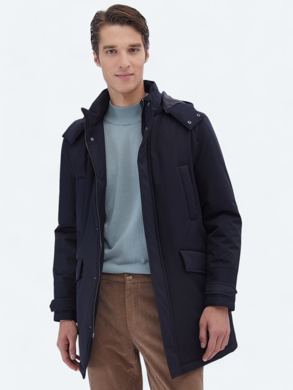 Lacivert Regular Fit Kapüşonlu Casual Dokuma Kaban