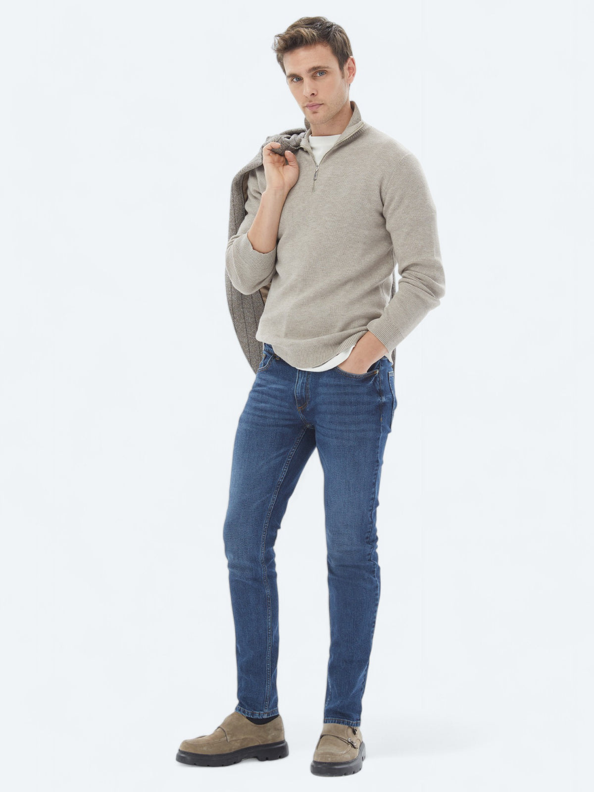 Lacivert Slim Fit Denim Pamuk Karışımlı Pantolon