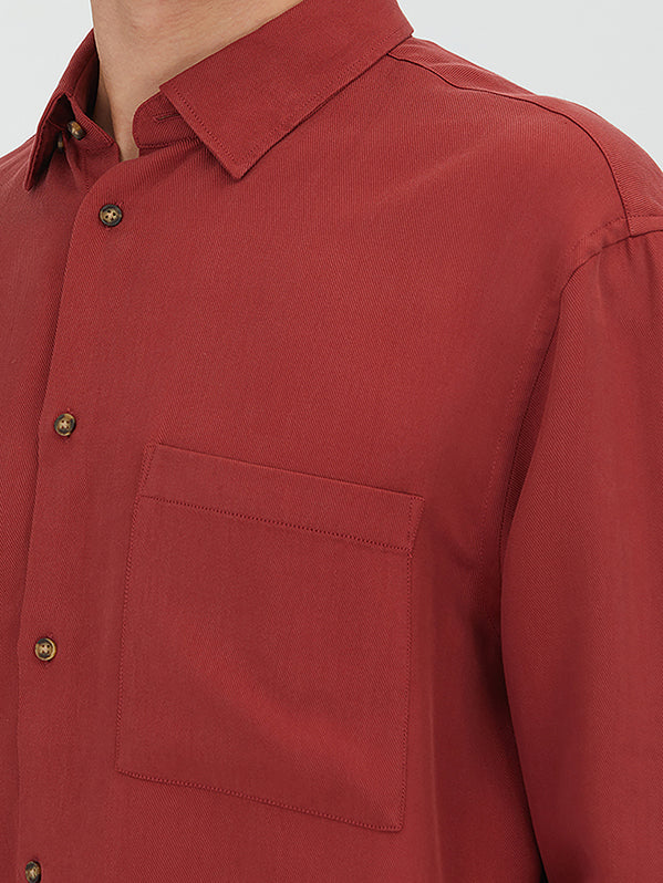 Kırmızı Fitilli Oversize Fit Uzun Dokuma Casual Gömlek