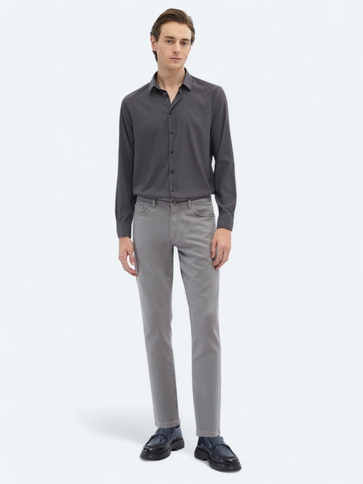 Gri Dokuma Slim Fit Casual Pamuk Karışımlı Pantolon
