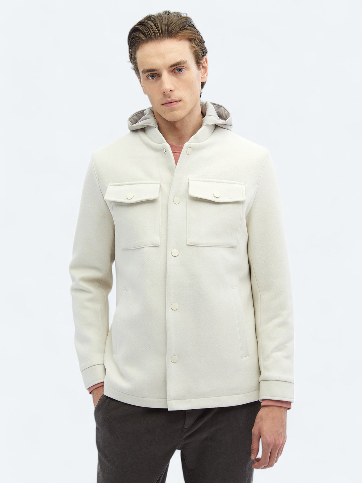 Açık Bej Regular Fit Kapüşonlu Casual Dokuma Mont