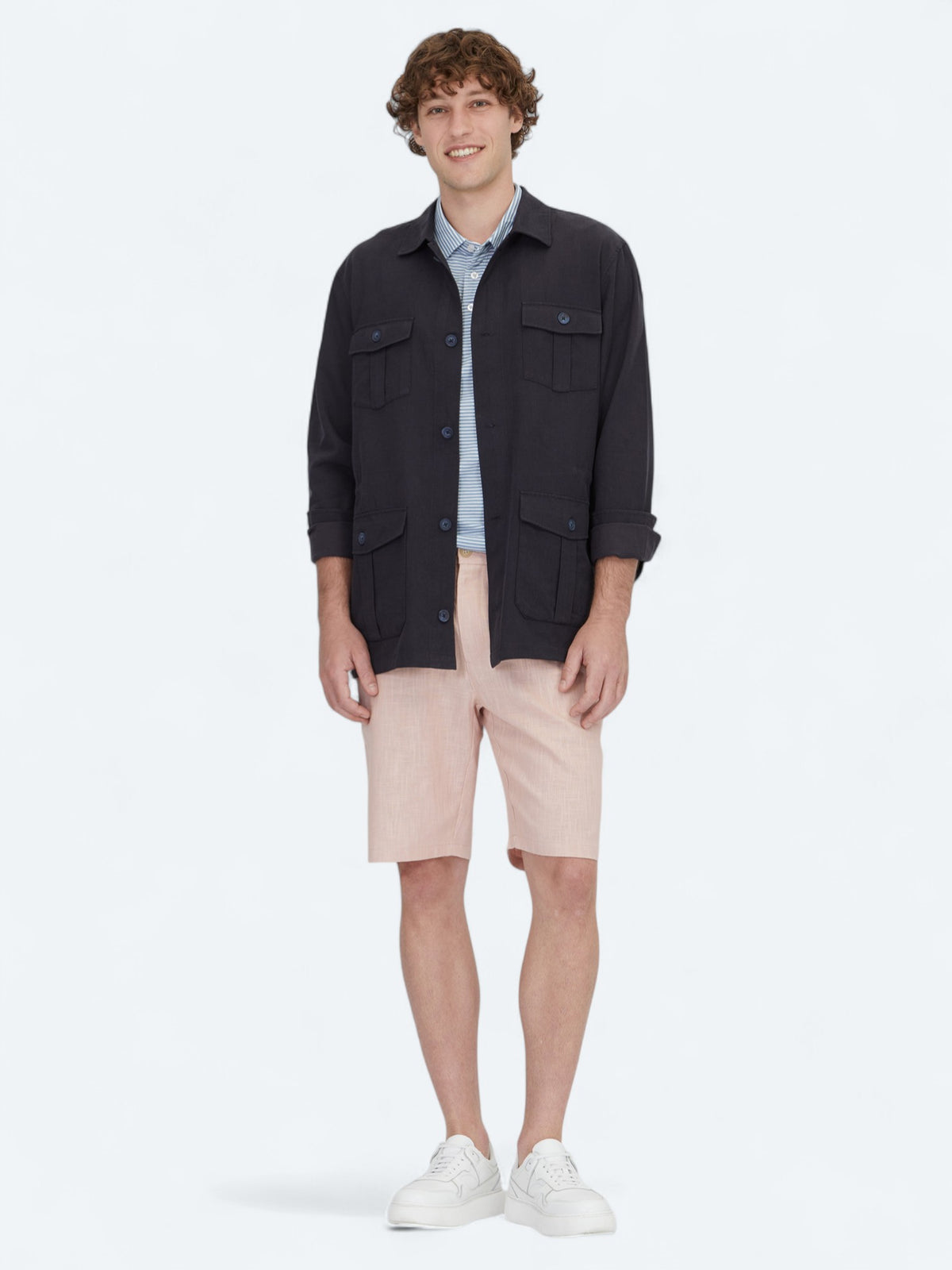 Lacivert Oversize Fit Uzun Dokuma Pamuk Karışımlı Overshırt