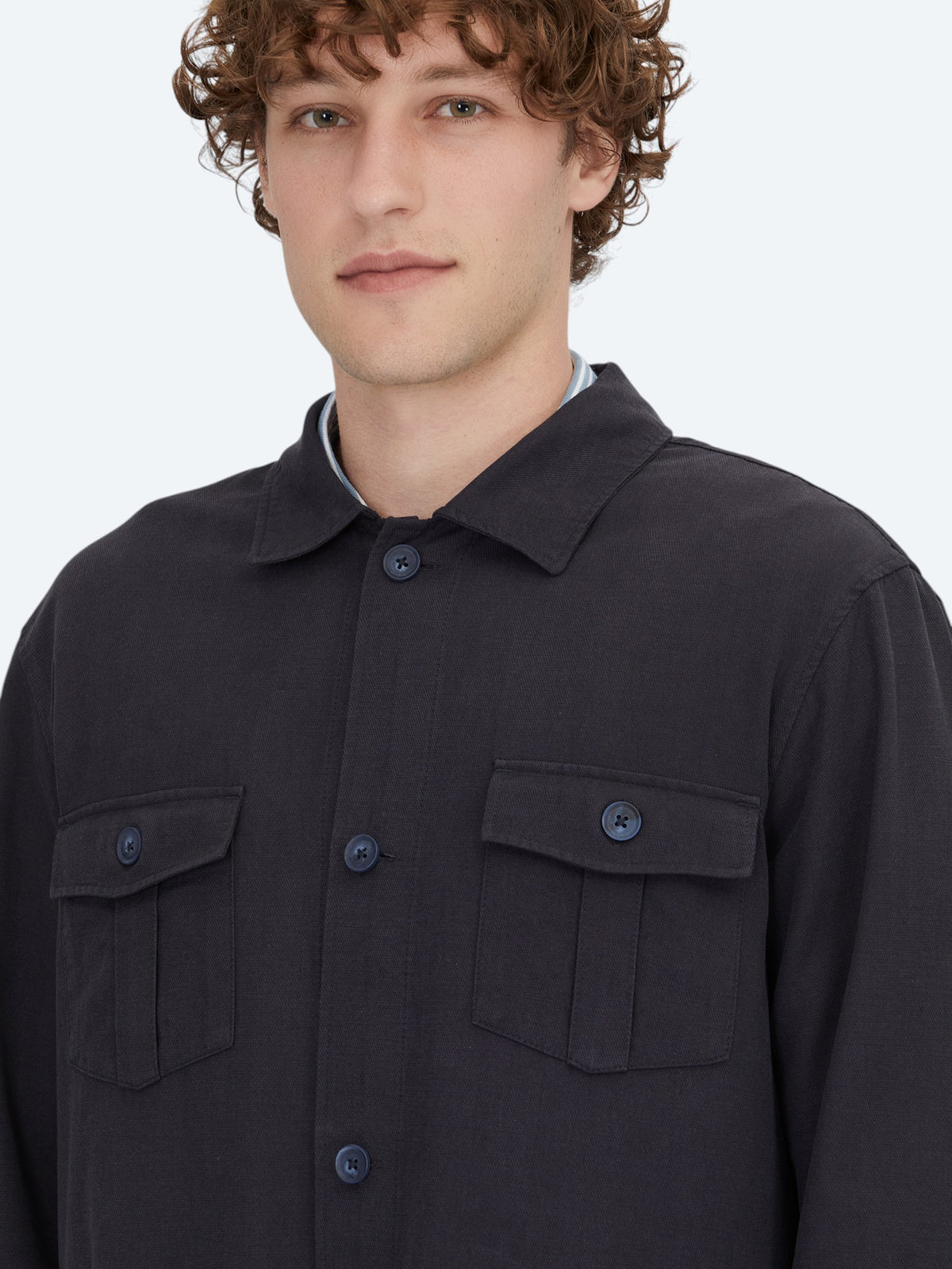 Lacivert Oversize Fit Uzun Dokuma Pamuk Karışımlı Overshırt
