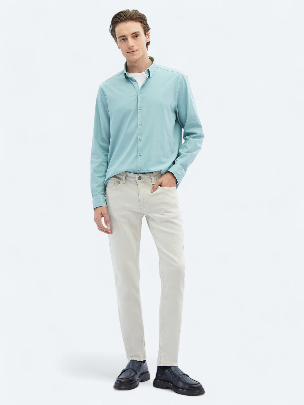 Mint Düz Regular Fit Uzun Dokuma Casual Pamuk Karışımlı Gömlek