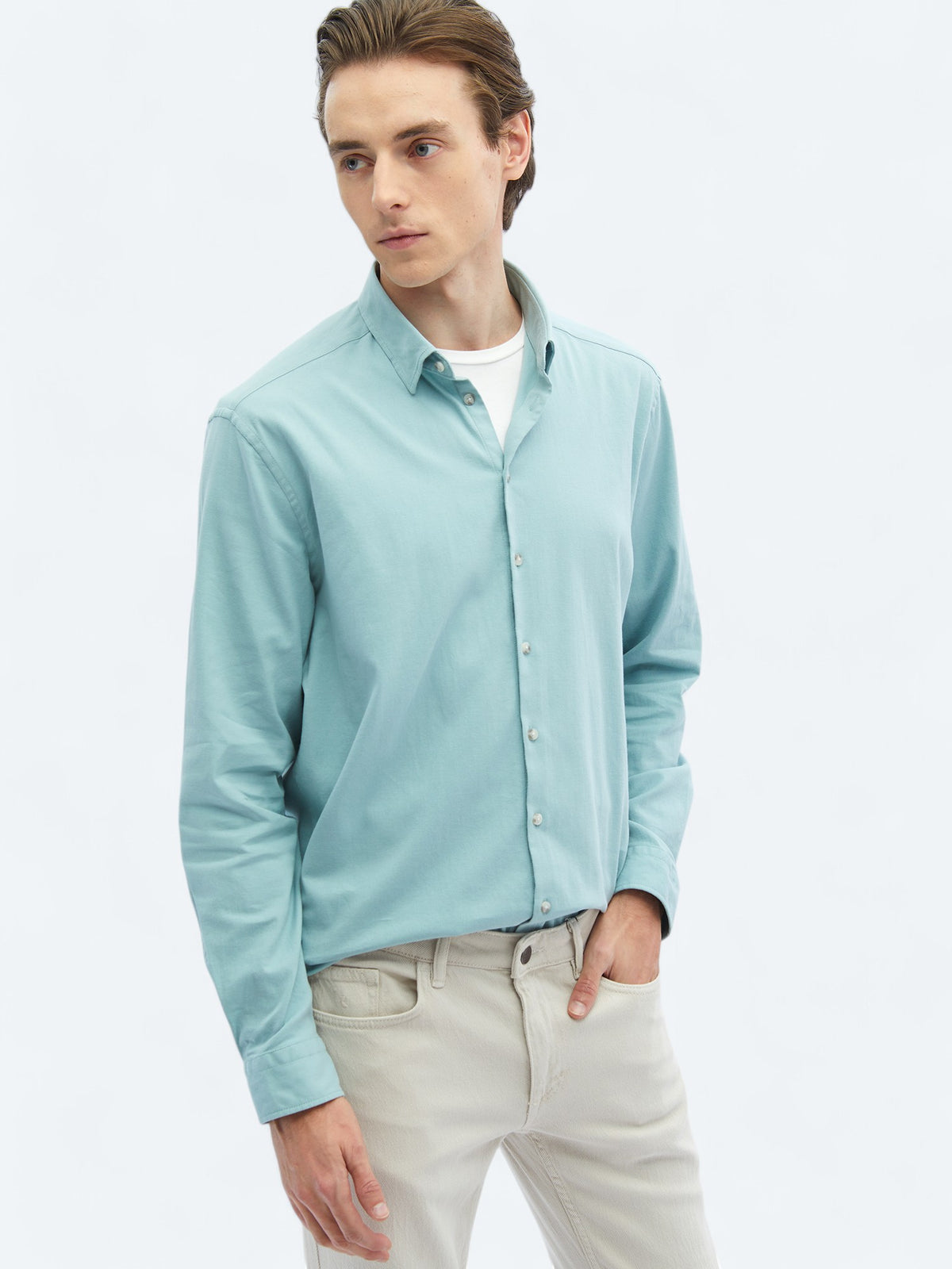 Mint Düz Regular Fit Uzun Dokuma Casual Pamuk Karışımlı Gömlek
