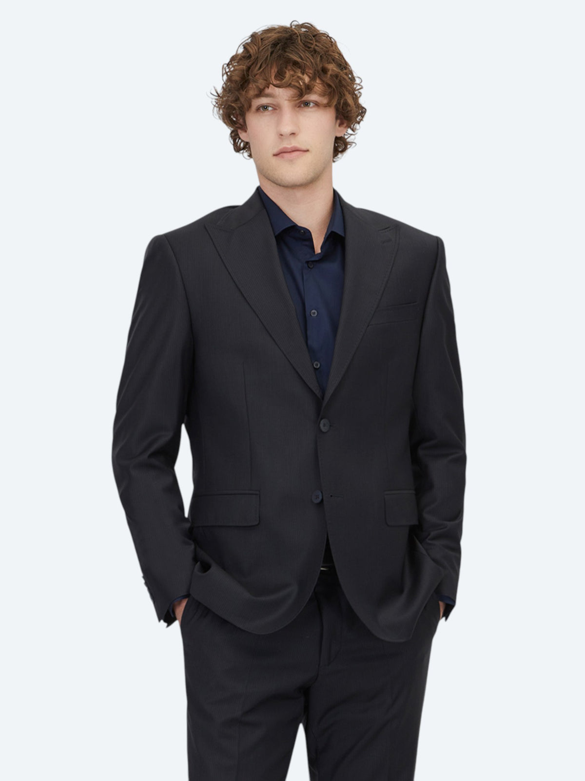 Lacivert Çizgili Modern Fit Yün Karışımlı Takım Elbise