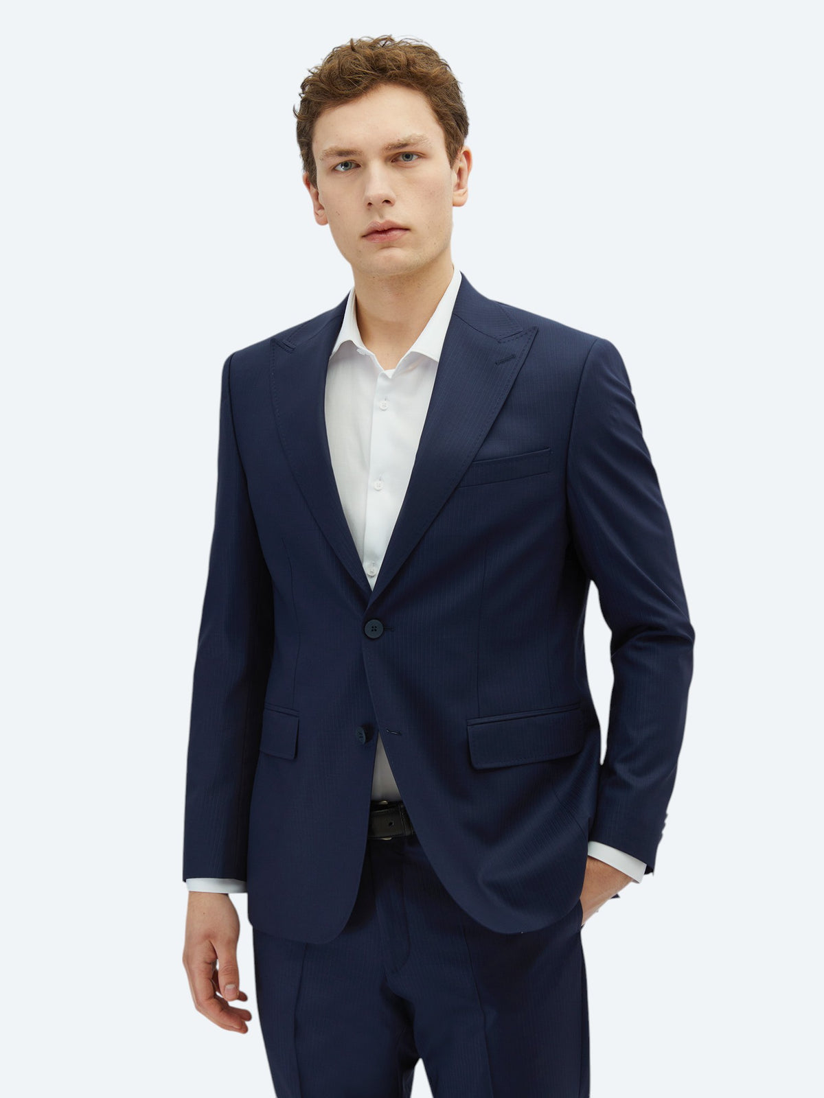 Lacivert Çizgili Modern Fit Yün Karışımlı Takım Elbise