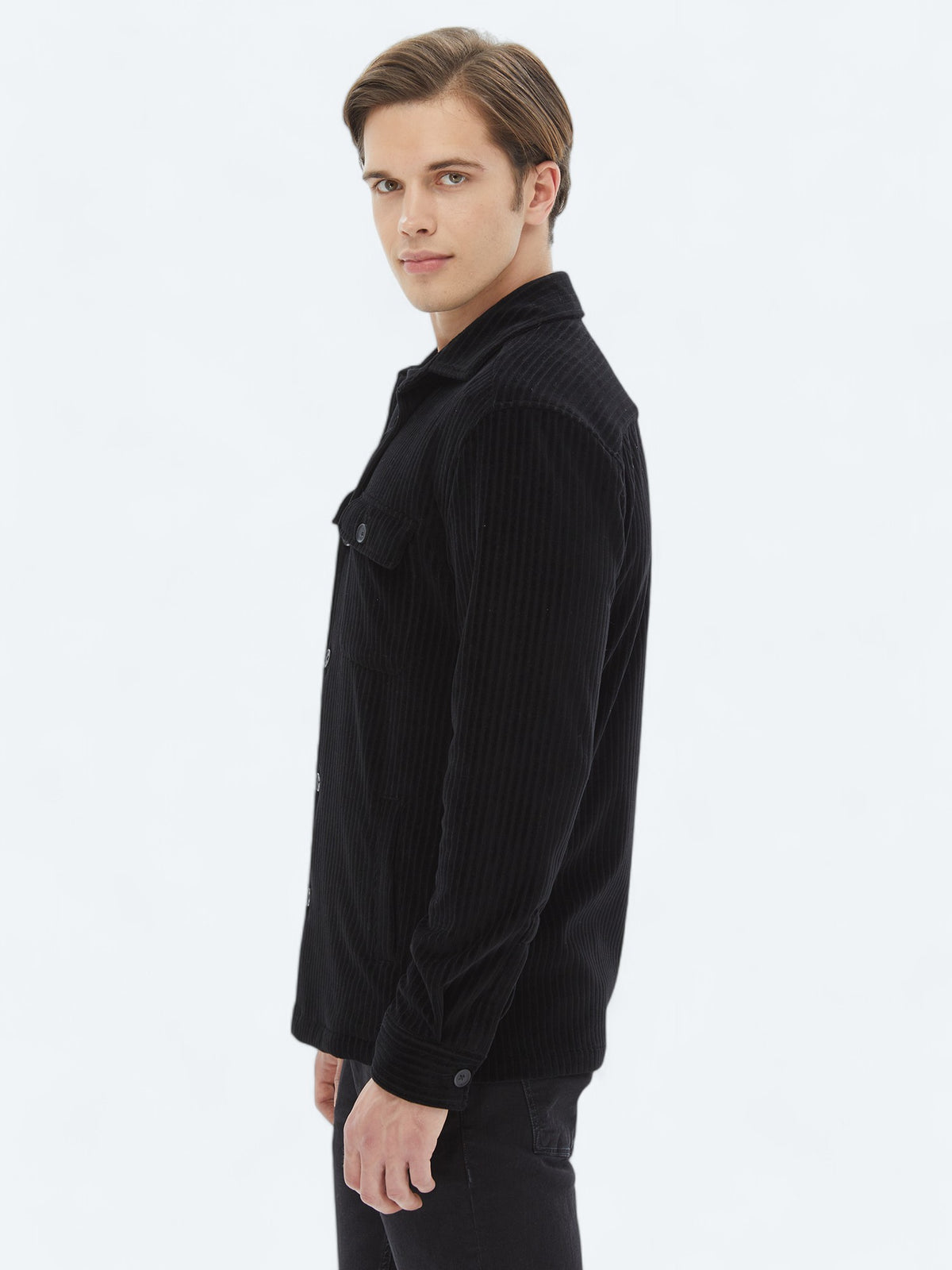 Siyah Düz Oversize Fit Pamuk Karışımlı Overshırt