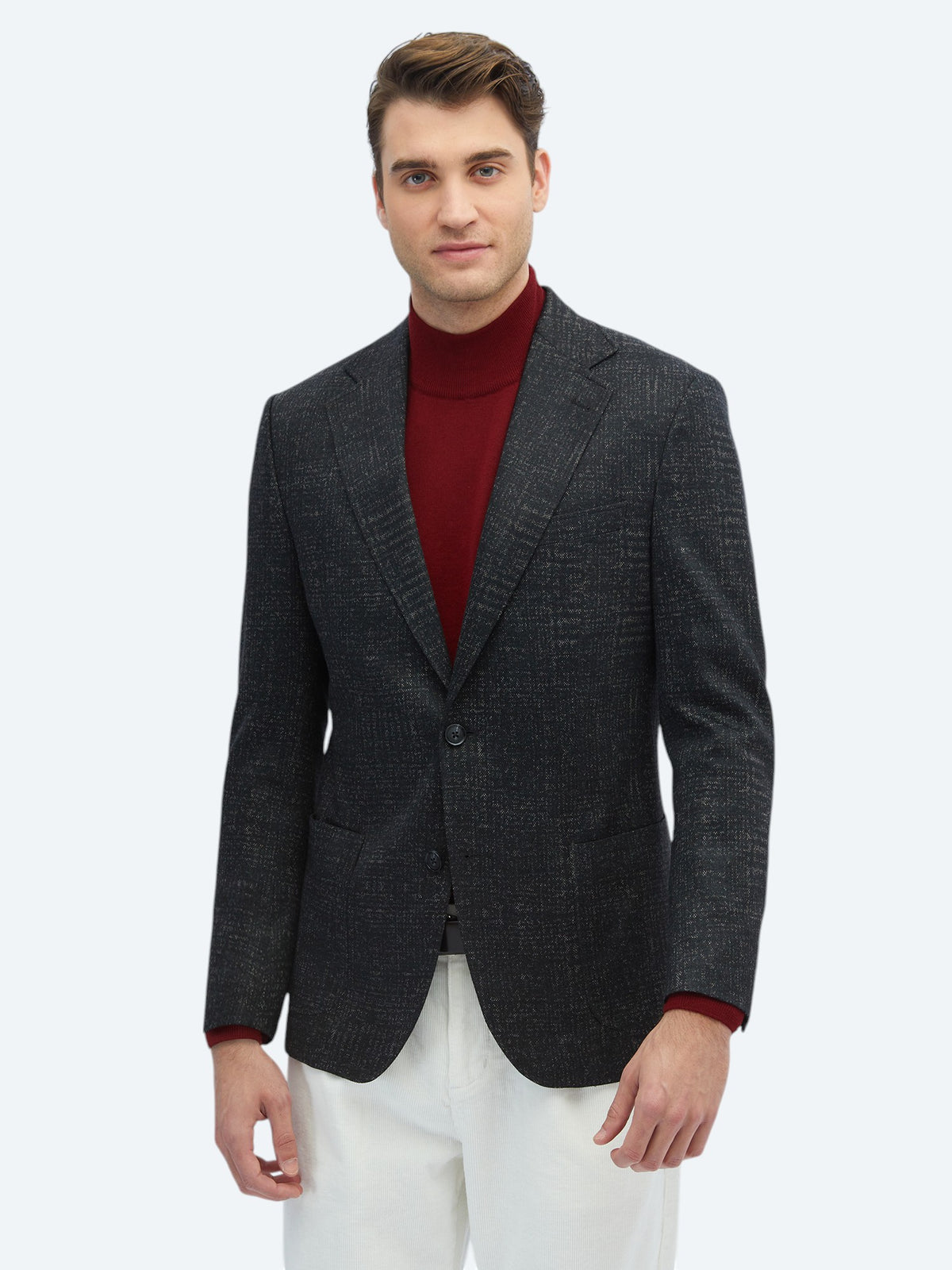 Siyah Desenli Comfort Fit Yün Karışımlı Örme Ceket