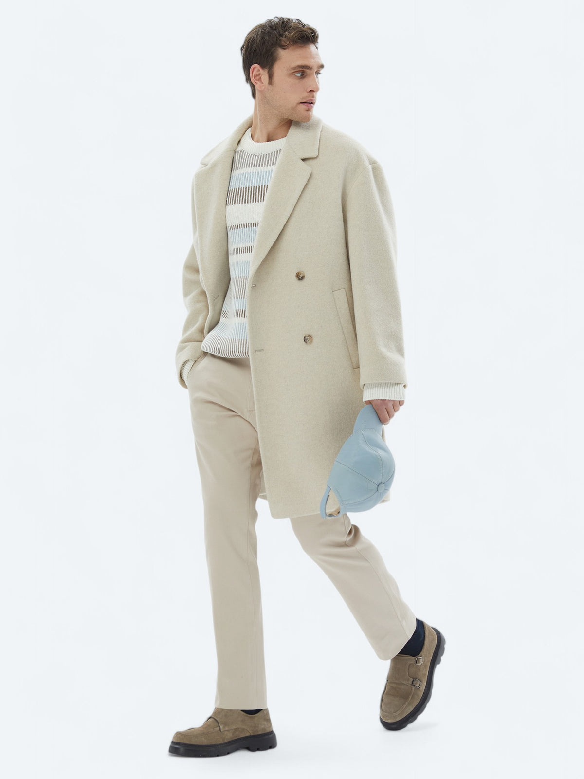 Açık Bej Oversize Fit Kruvaze Yaka Dokuma Palto