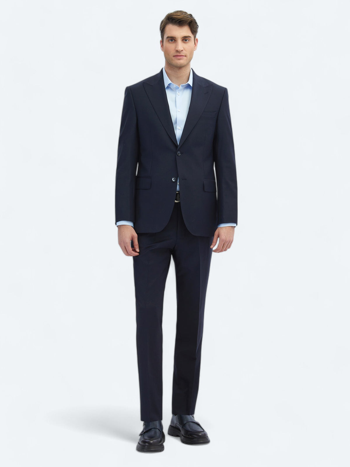 Lacivert Düz Modern Fit Yün Karışımlı Takım Elbise
