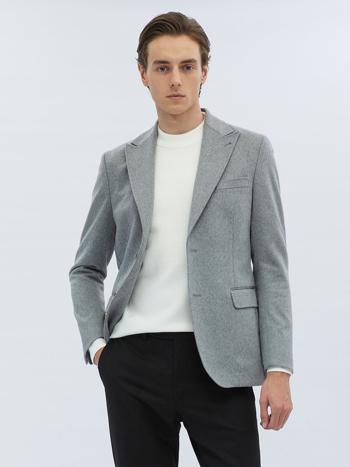 Gri Düz Modern Fit Yün Karışımlı Ceket