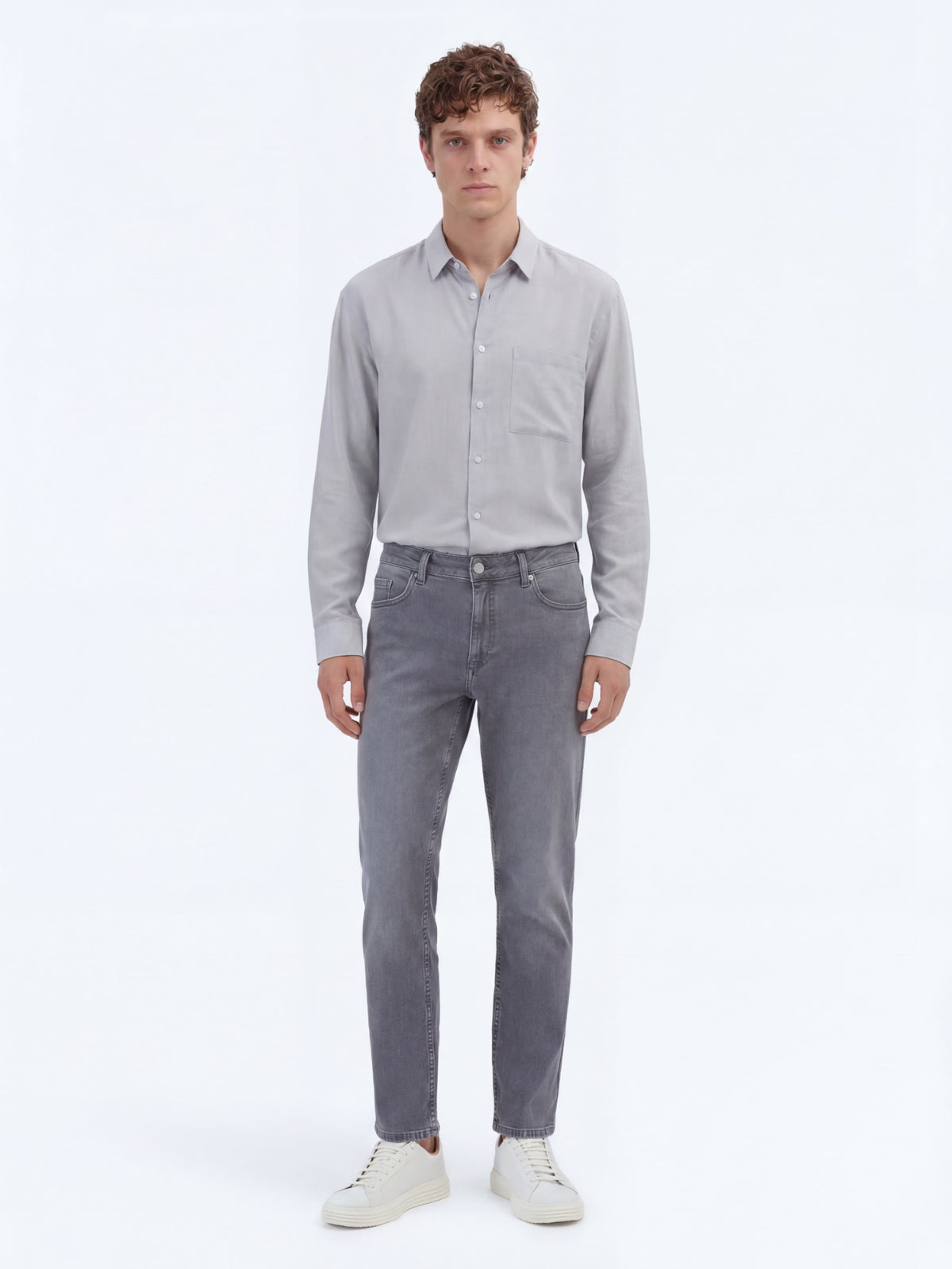 Gri Slim Fit Denim Pamuk Karışımlı Pantolon
