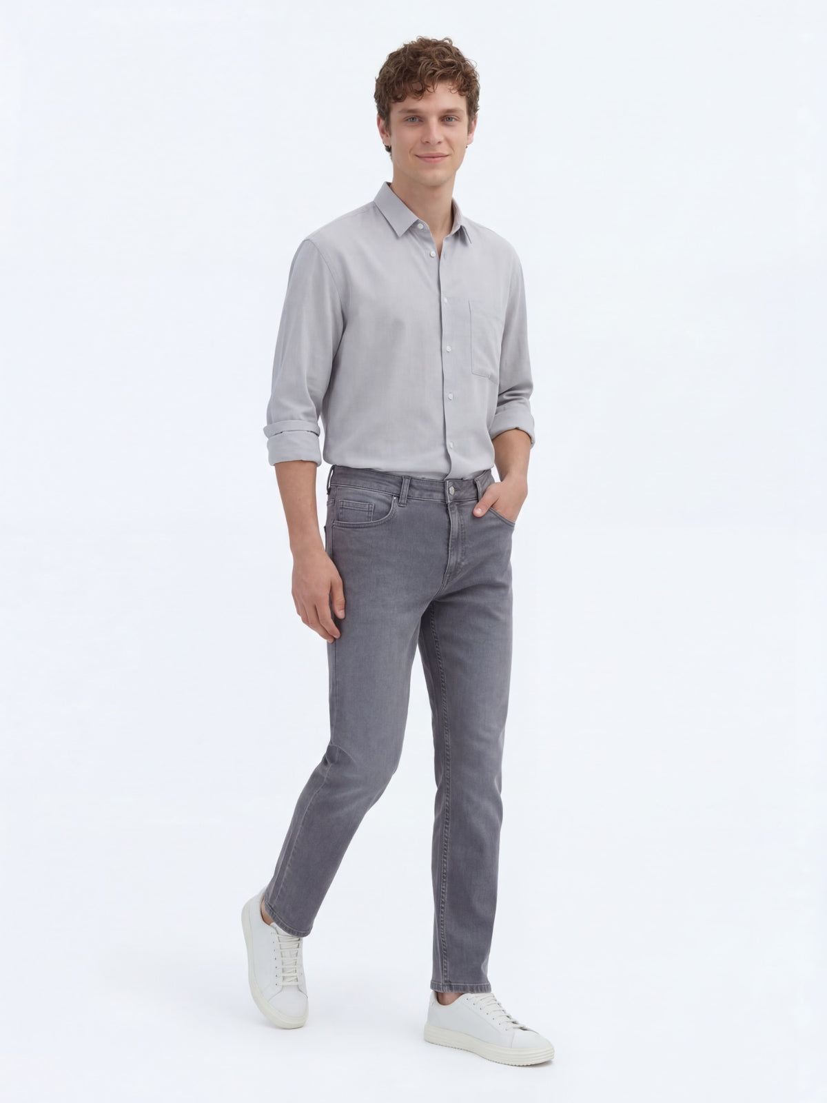 Gri Slim Fit Denim Pamuk Karışımlı Pantolon
