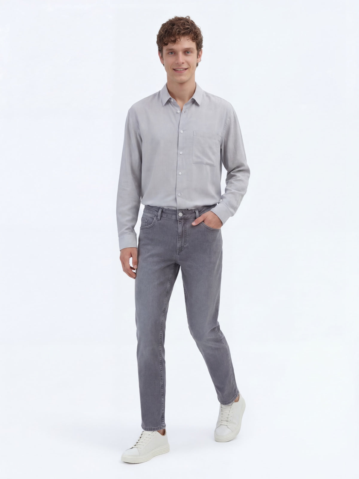 Gri Slim Fit Denim Pamuk Karışımlı Pantolon