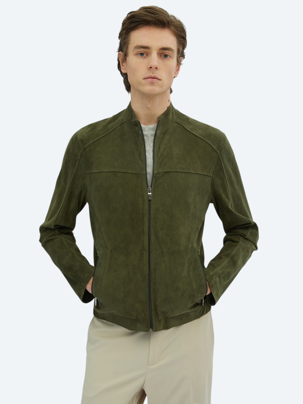 Haki Regular Fit Dik Yaka Smart Casual Deri Mont