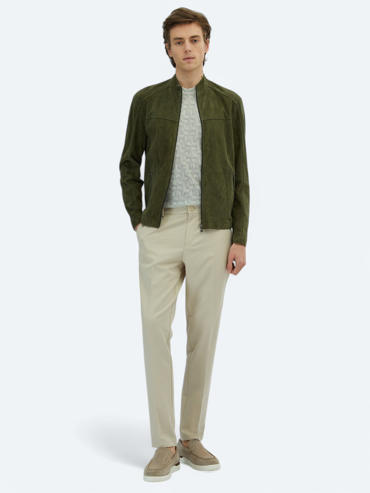 Haki Regular Fit Dik Yaka Smart Casual Deri Mont