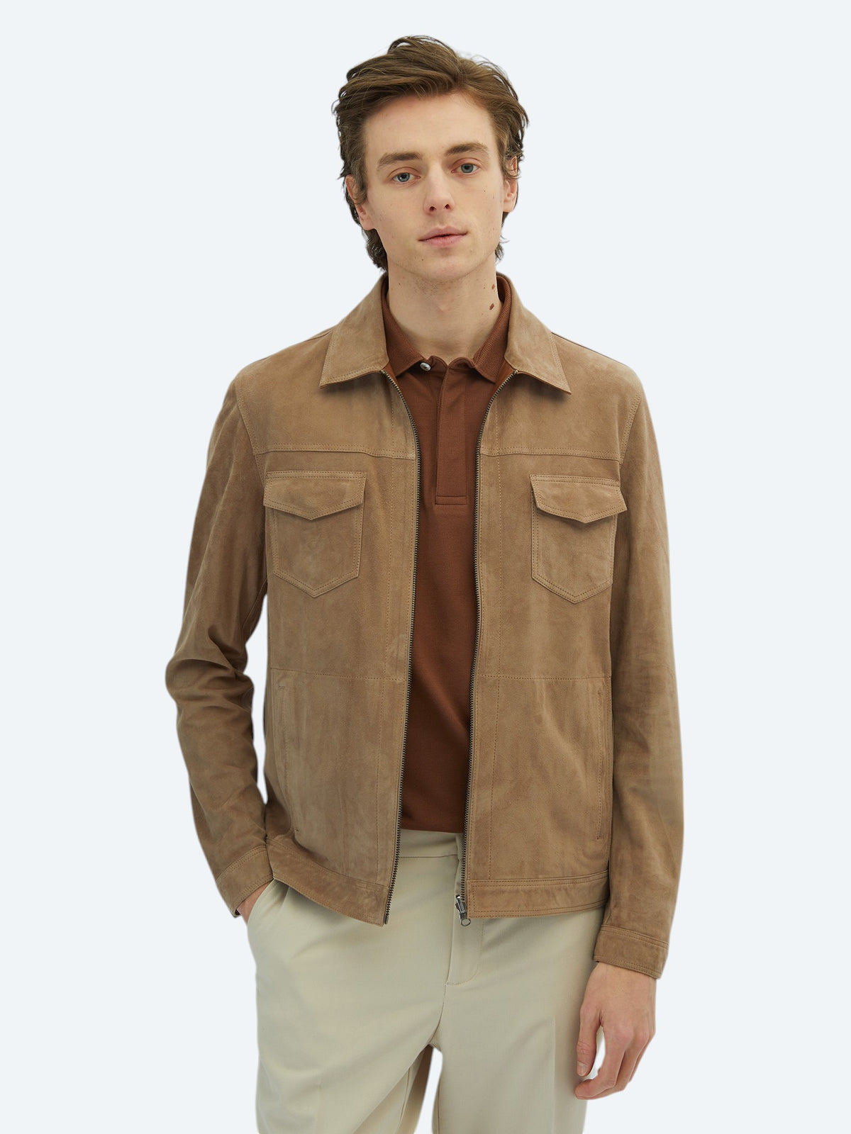 Bej Regular Fit Dik Yaka Smart Casual Çift Taraflı Deri Mont