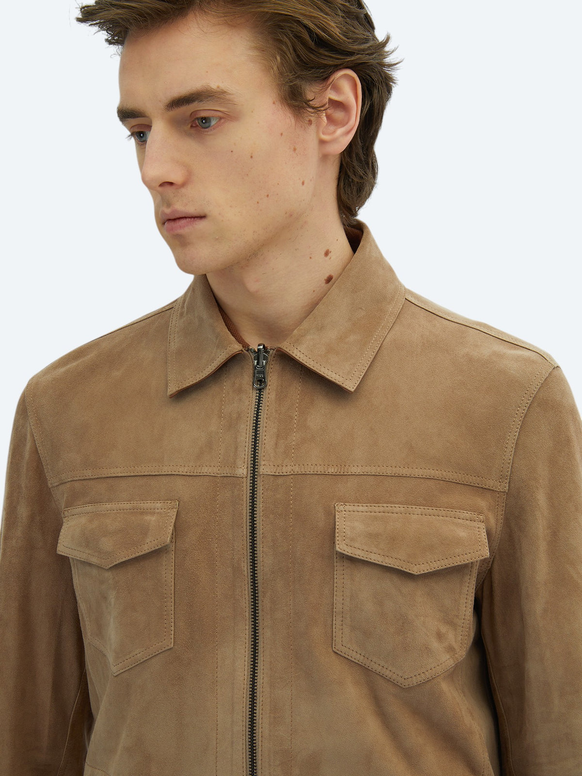 Bej Regular Fit Dik Yaka Smart Casual Çift Taraflı Deri Mont