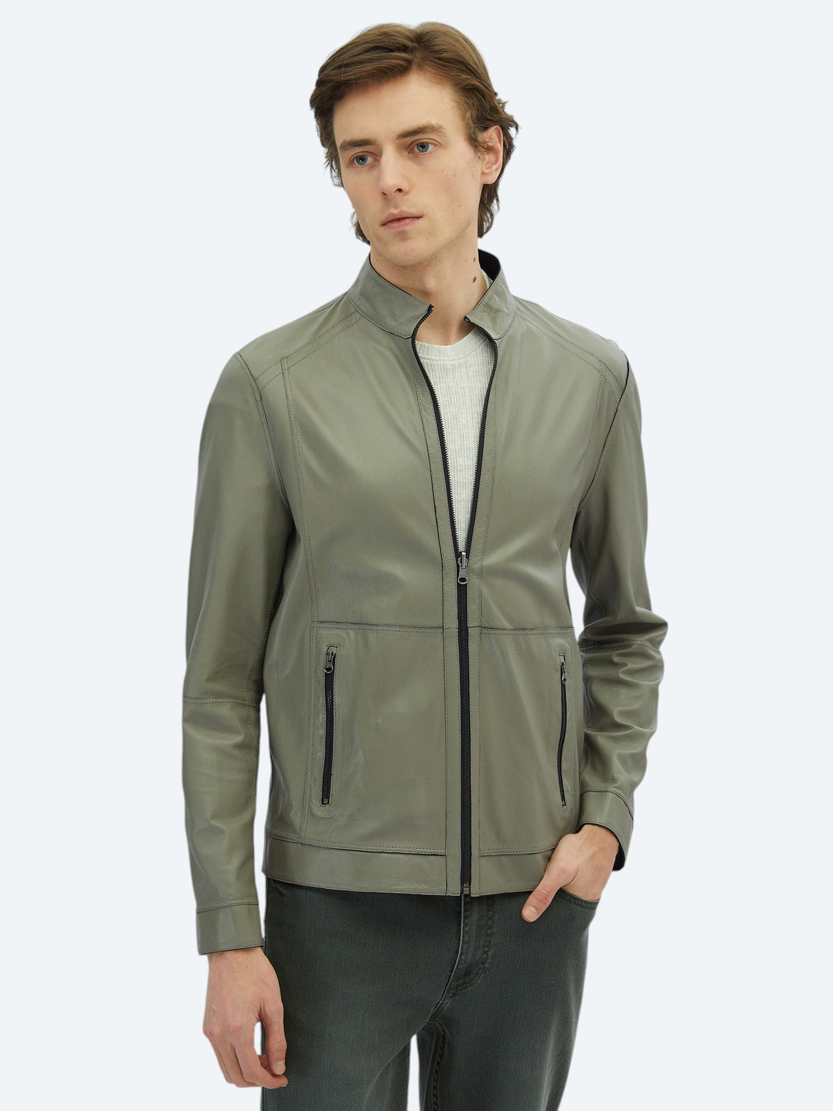 Lacivert Regular Fit Dik Yaka Smart Casual Deri Çift Taraflı Deri Mont