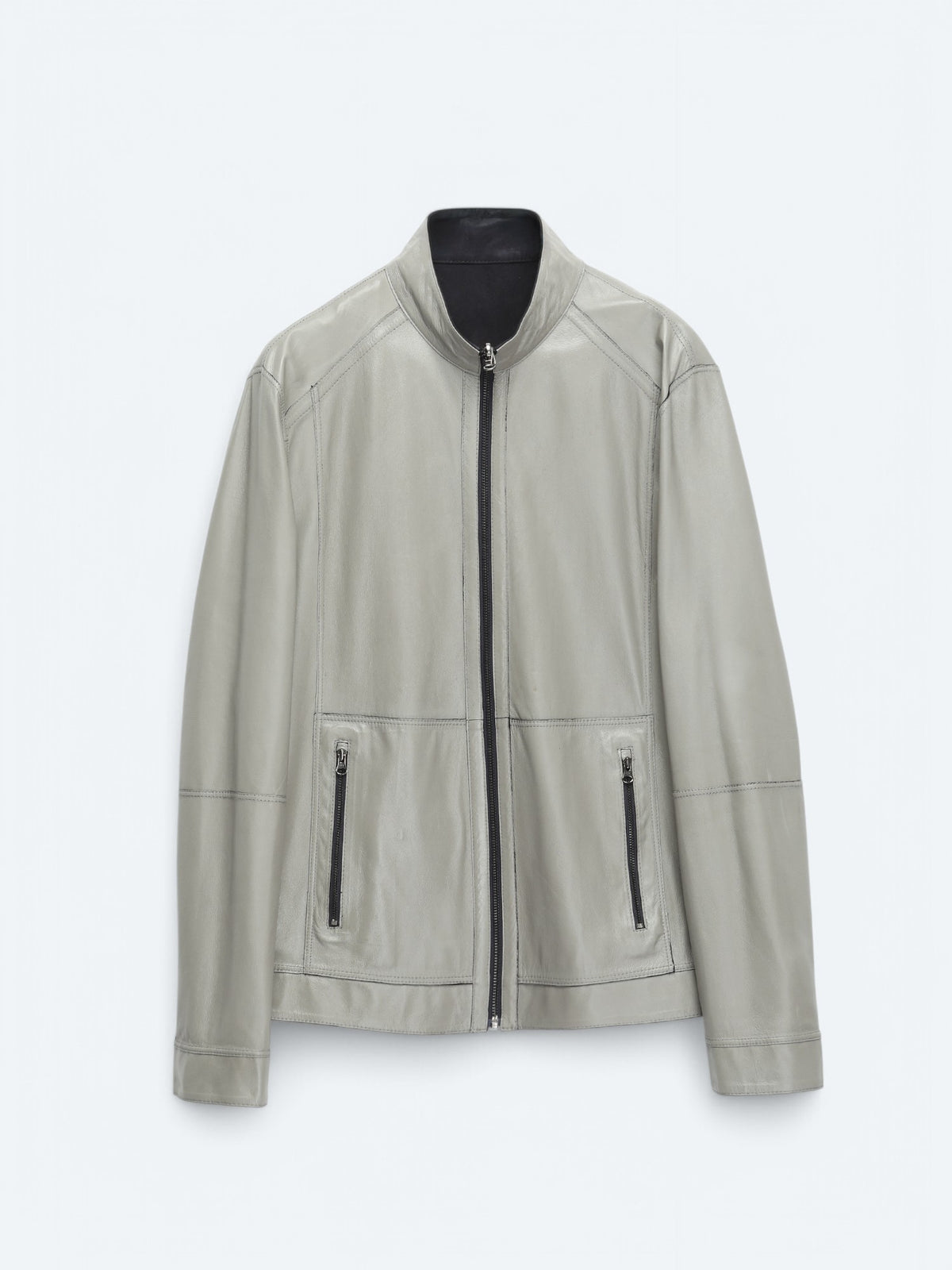 Lacivert Regular Fit Dik Yaka Smart Casual Deri Çift Taraflı Deri Mont