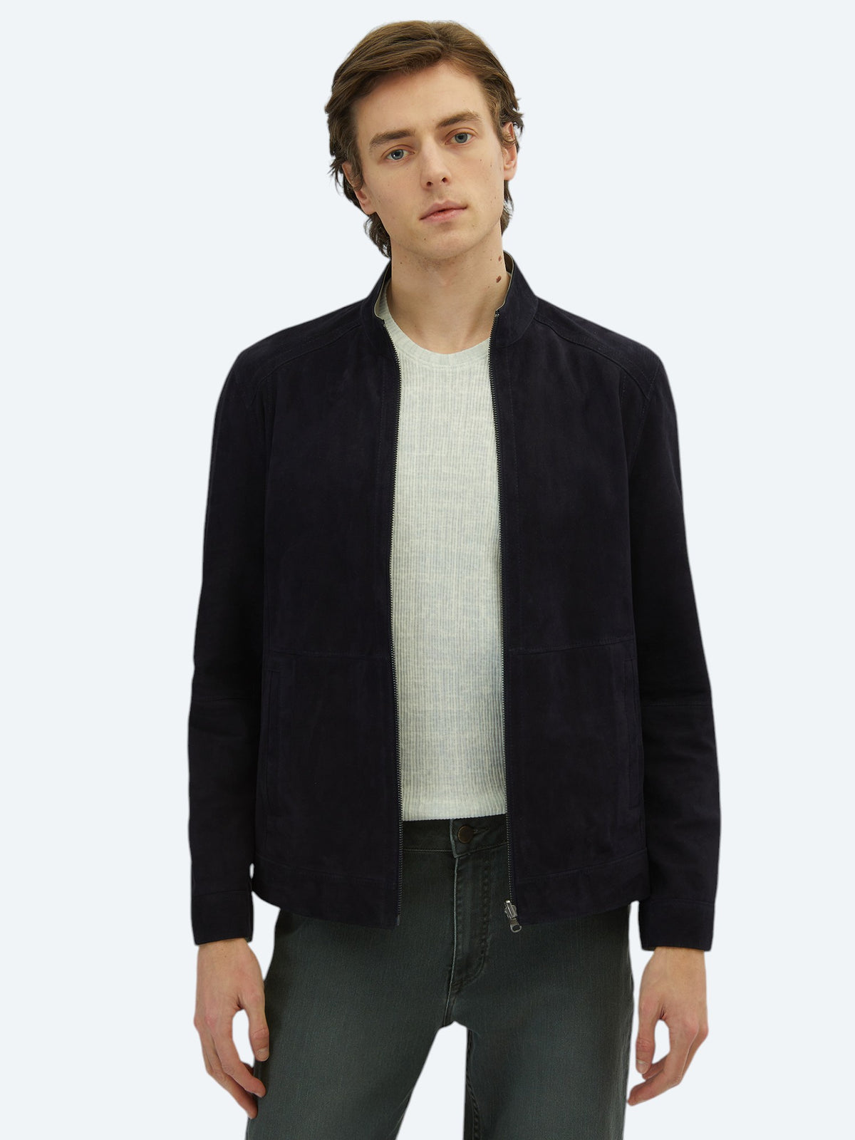 Lacivert Regular Fit Dik Yaka Smart Casual Deri Çift Taraflı Deri Mont