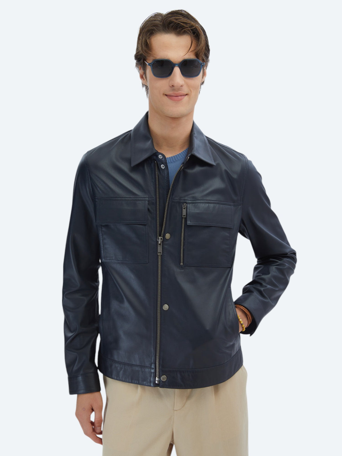 Lacivert Regular Fit Gömlek Yaka Smart Casual Koyun Derisi Deri Mont