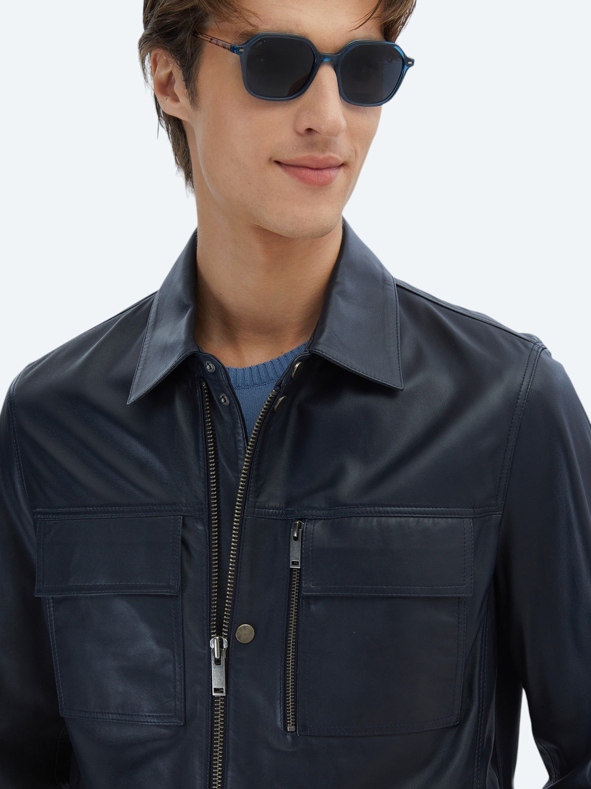 Lacivert Regular Fit Gömlek Yaka Smart Casual Koyun Derisi Deri Mont