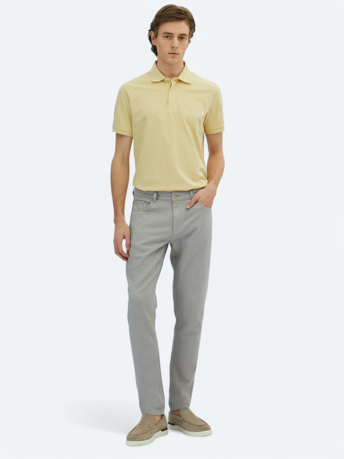Gri Dokuma Regular Fit Casual Pamuk Karışımlı Pantolon