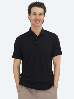 Siyah Düz Polo Yaka Pamuk Karışımlı T-Shirt