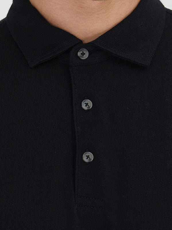 Siyah Düz Polo Yaka Pamuk Karışımlı T-Shirt