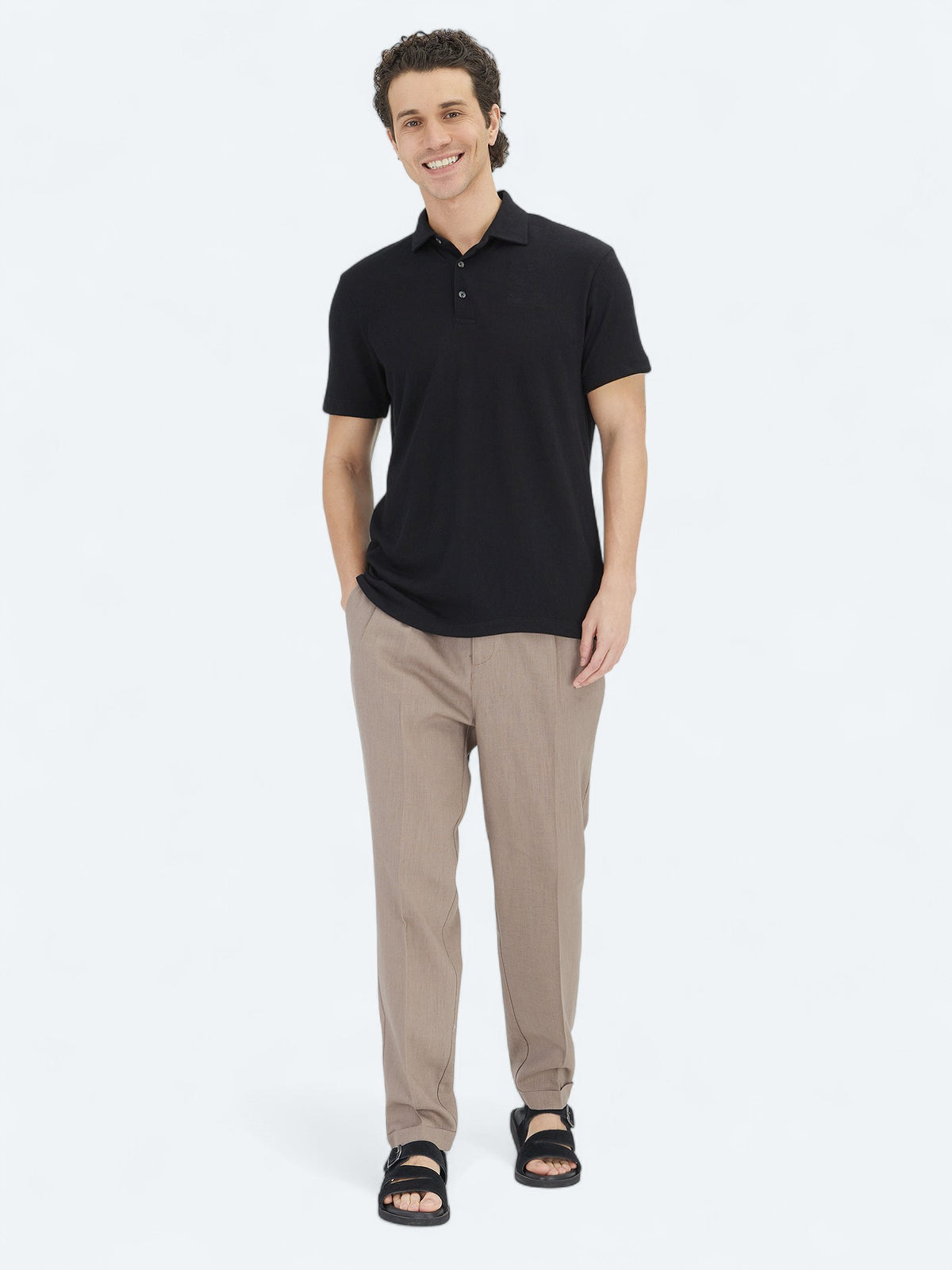 Siyah Düz Polo Yaka Pamuk Karışımlı T-Shirt