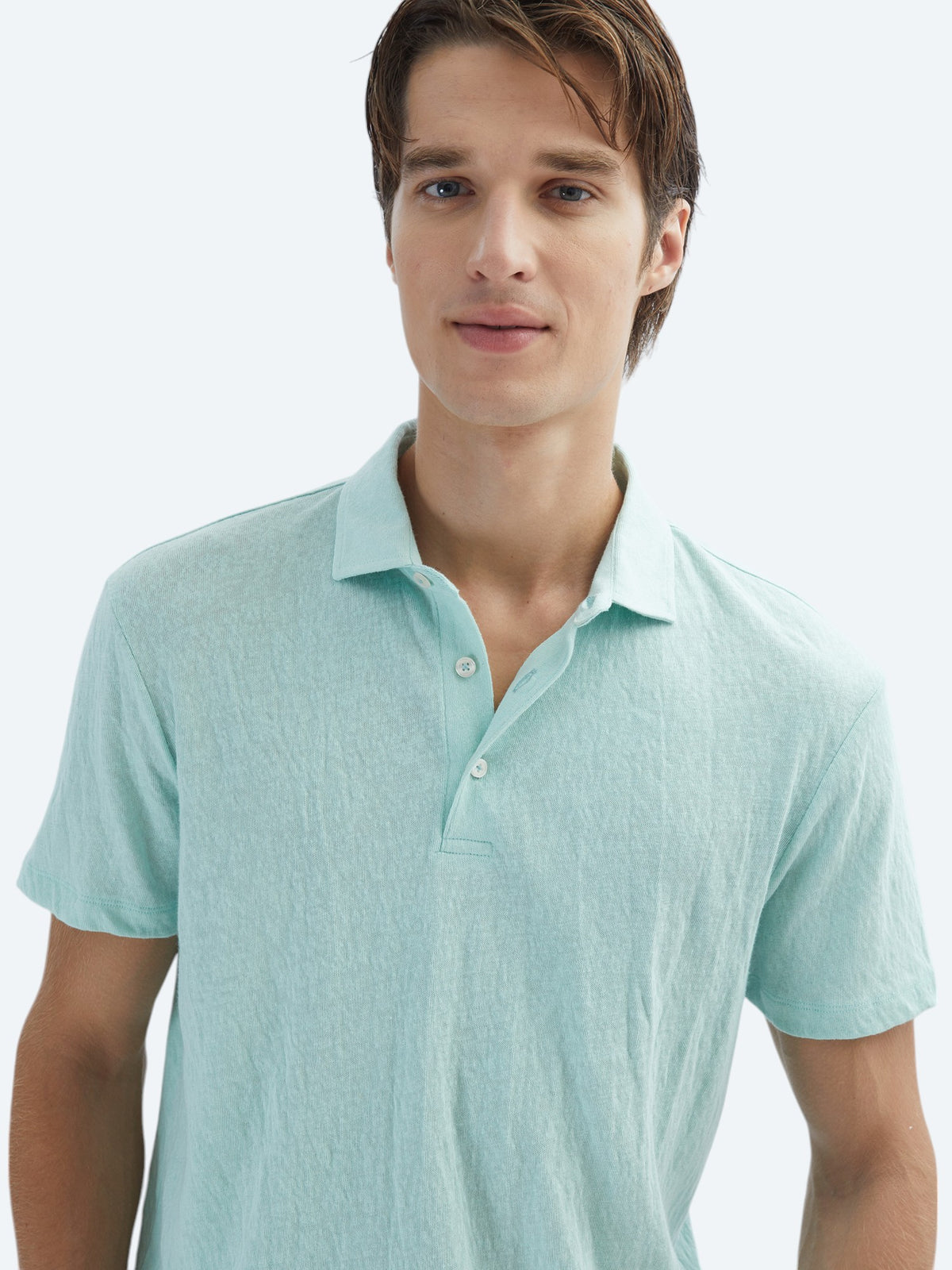 Su Yeşili Düz Polo Yaka Pamuk Karışımlı T-Shirt
