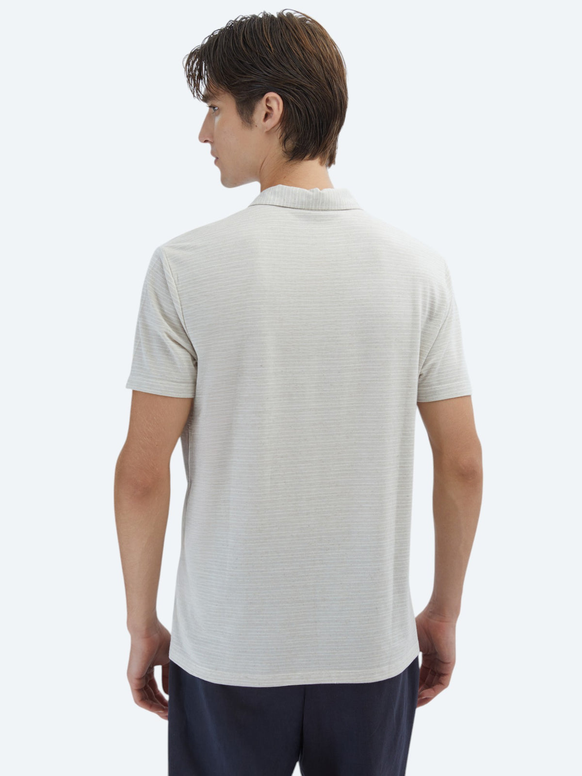 Bej Çizgili Polo Yaka Pamuk Karışımlı T-Shirt