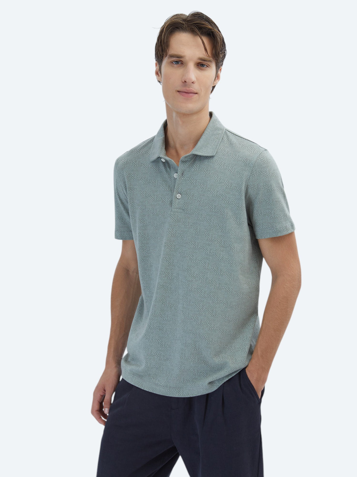 Haki Desenli Polo Yaka Pamuk Karışımlı T-Shirt