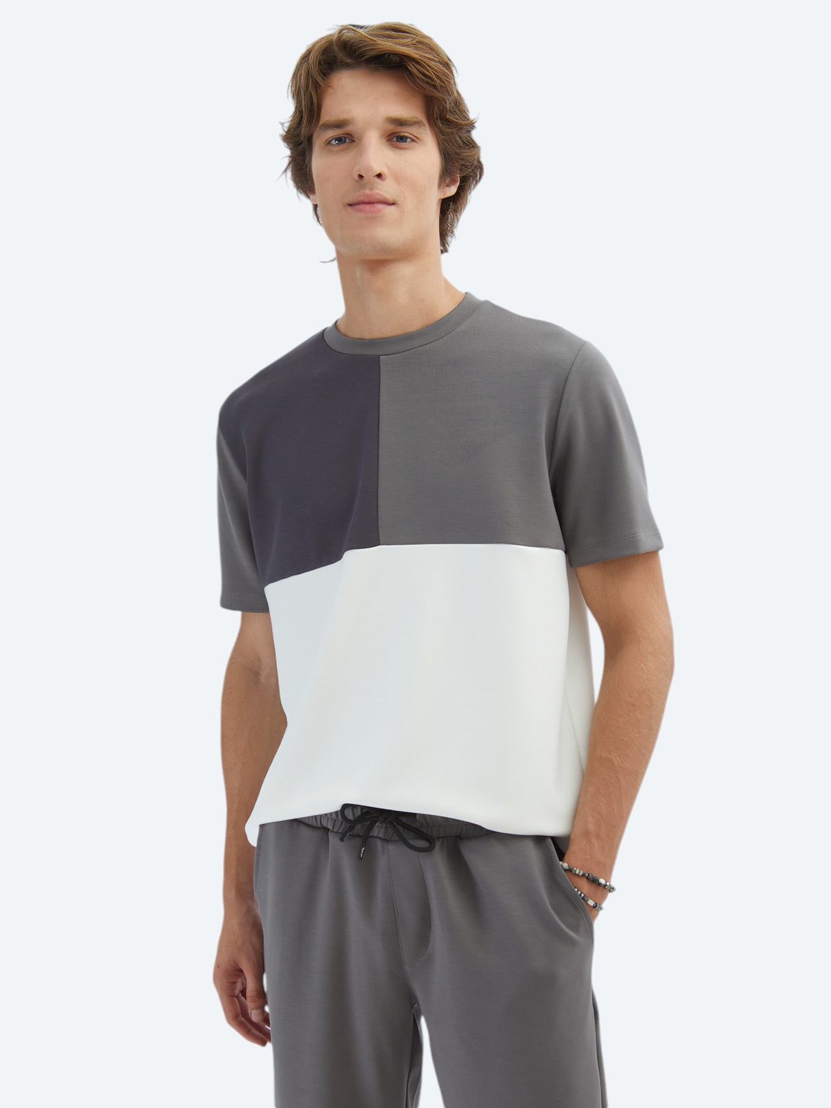 Gri Düz Bisiklet Yaka T-Shirt