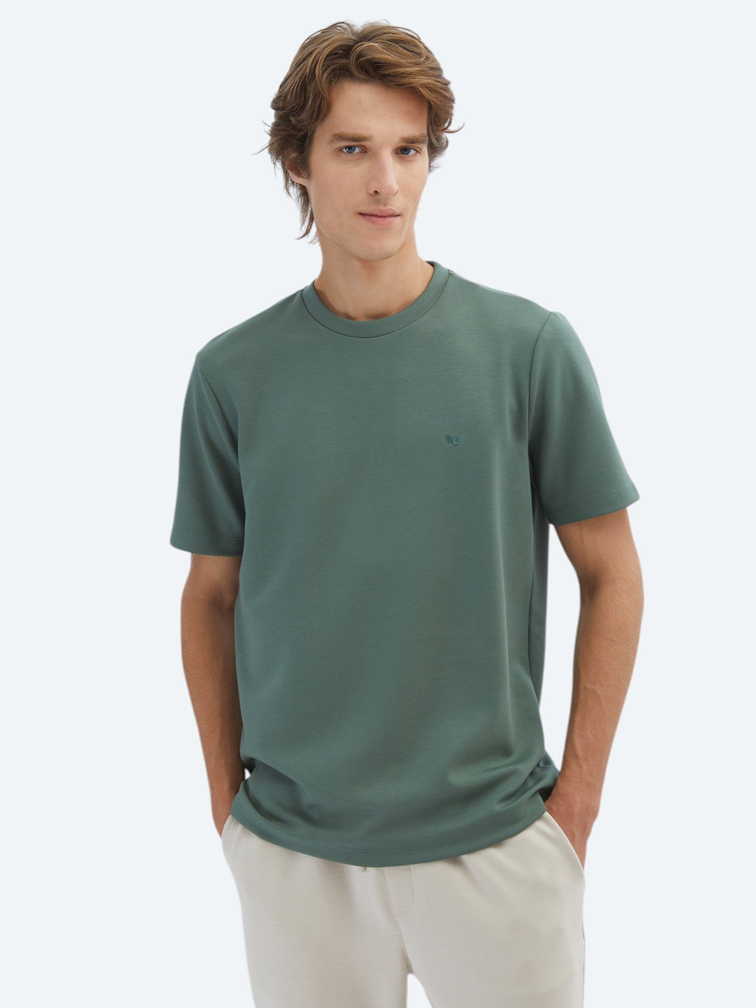 Erkek Yeşil Düz Bisiklet Yaka T-Shirt | KİP