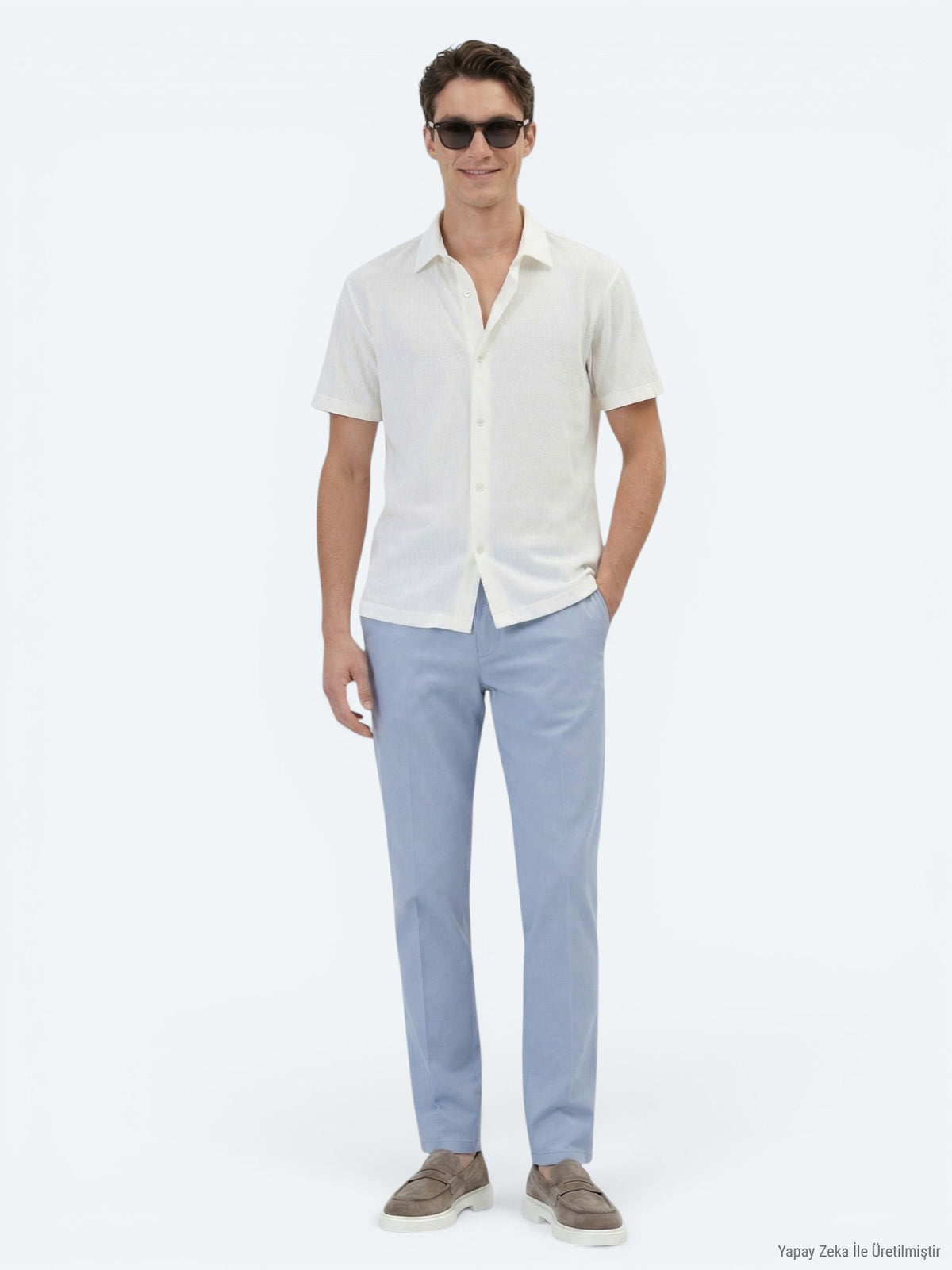 Ekru Desenli Regular Fit Kısa Casual Gömlek