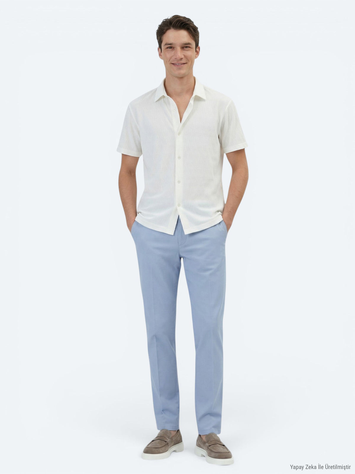 Ekru Desenli Regular Fit Kısa Casual Gömlek